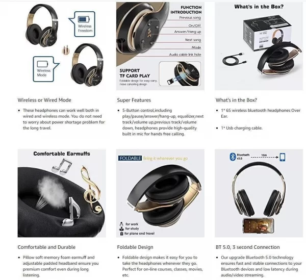 Wireless Bluetooth 5.1 Headphones Noise Cancelling Over-Ear Stereo Earphones UK - Image 4