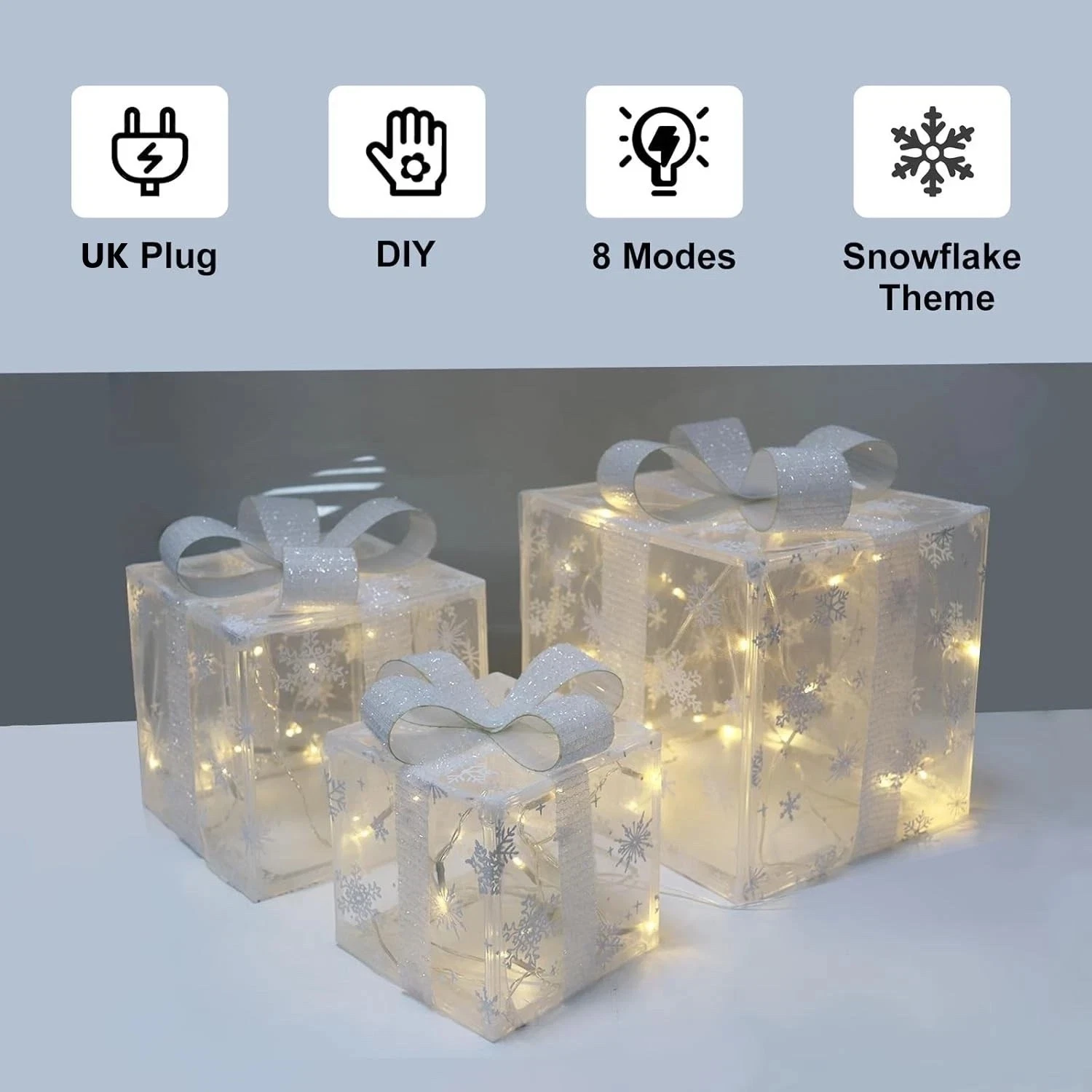 3 Pack Illuminated LED Light Up Gift Boxes Christmas Decorations Presents Ribbon - Image 2