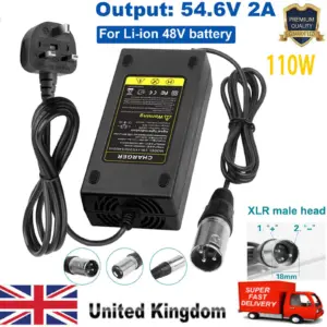 For 48V Lithium Battery Charger 3 pin XLR UK Plug Electric Bicycle 54.6V 2A 110W