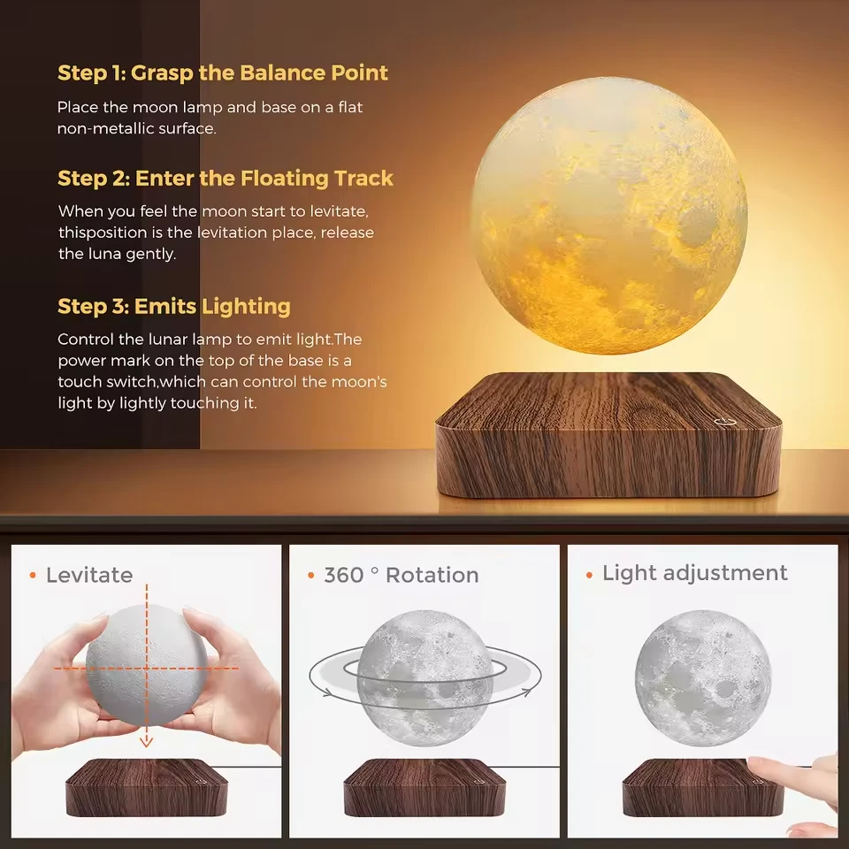 Levitating Moon Lamp Magnetic Floating Spinning Luna Night Light 3 Color Mode - Image 6