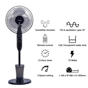 Misting Spray Pedestal Fan Humidifier Oscillating Tilt 3 Speed Black Powersonic