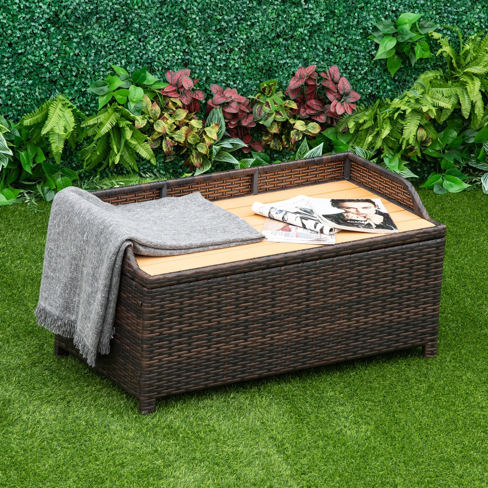 Outsunny Rattan Outdoor Storage Bench with Aluminium Frame, Mixed Brown - Image 2