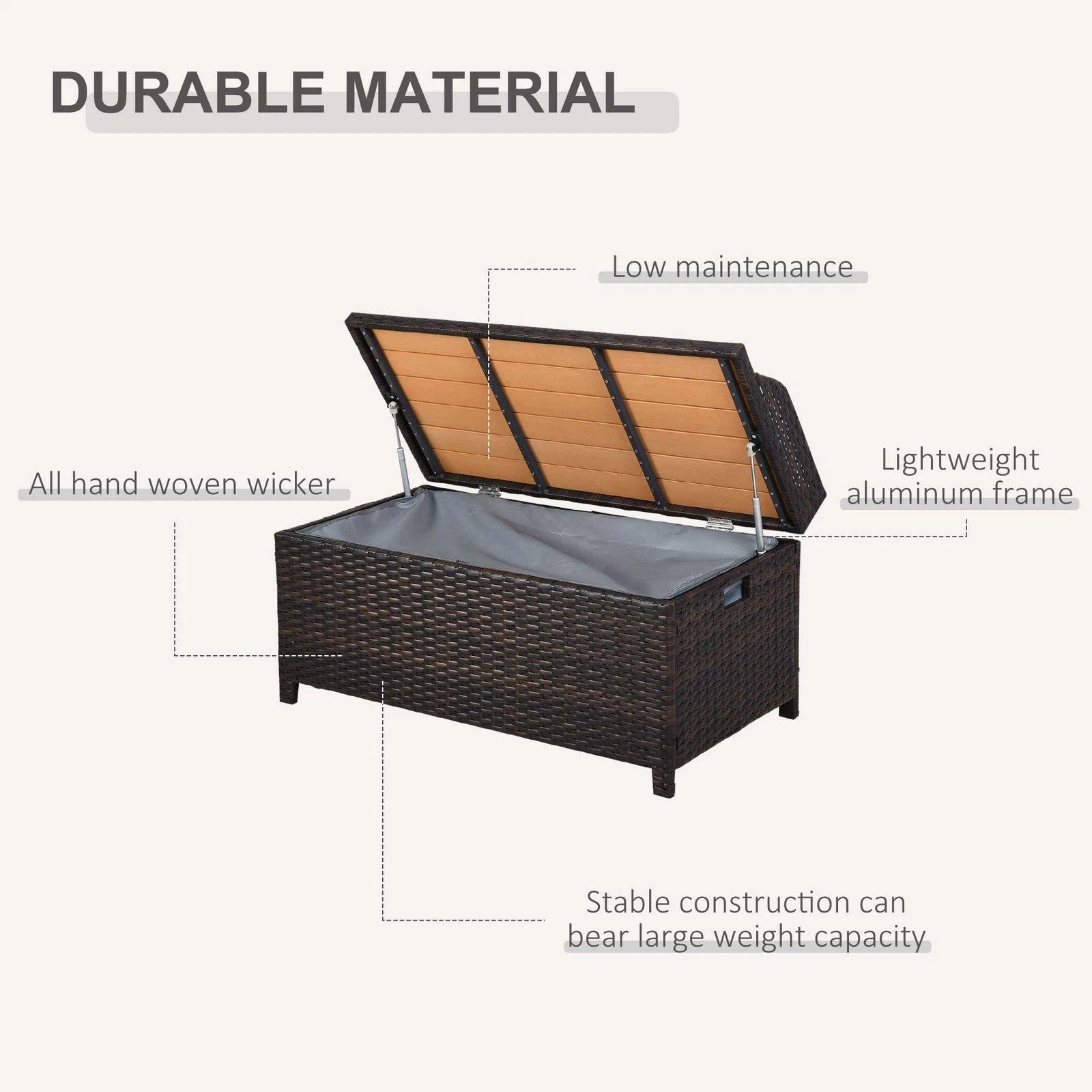 Outsunny Rattan Outdoor Storage Bench with Aluminium Frame, Mixed Brown - Image 4