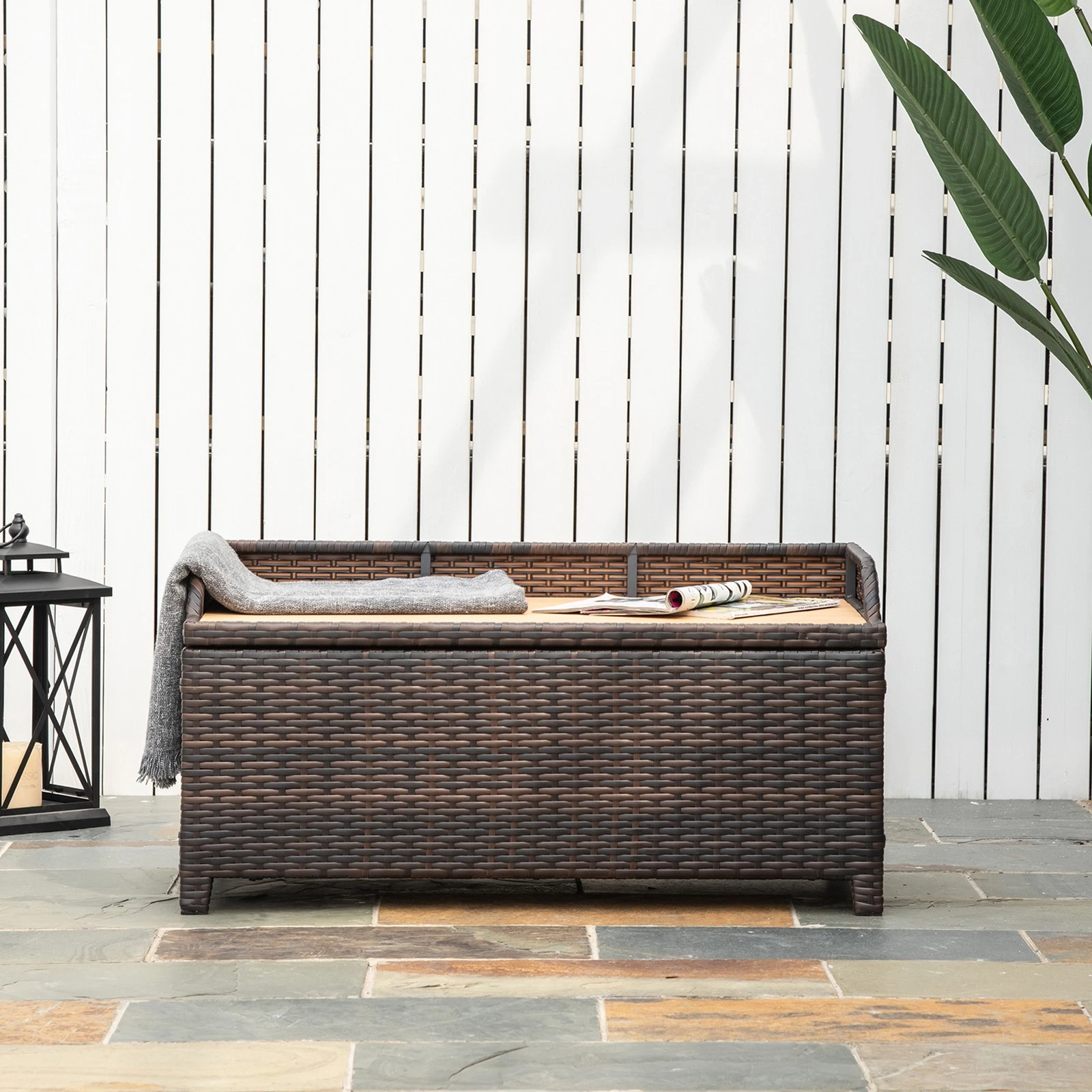 Outsunny Rattan Outdoor Storage Bench with Aluminium Frame, Mixed Brown - Image 5