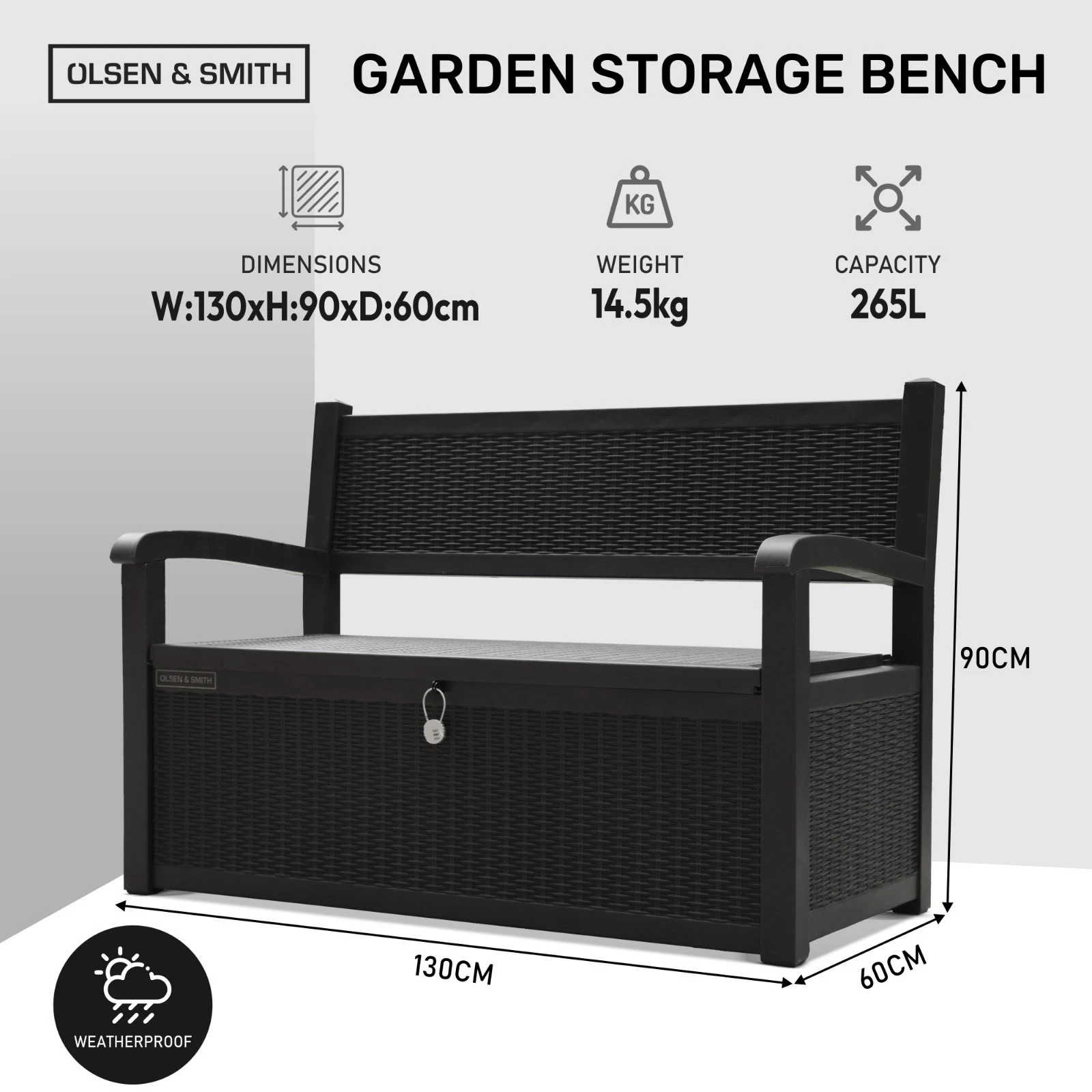 Garden Storage Bench with Padlock 265L - Outdoor Patio Storage Chest Container - Image 2