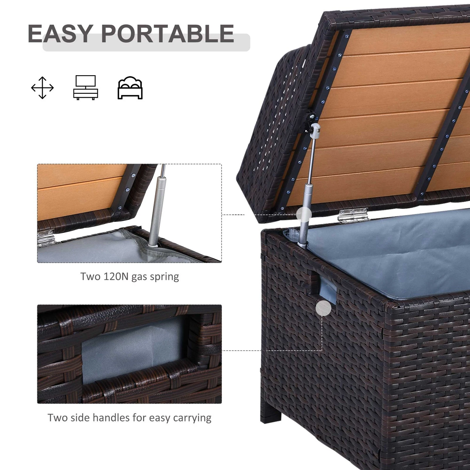 Outsunny Rattan Outdoor Storage Bench with Aluminium Frame, Mixed Brown - Image 6
