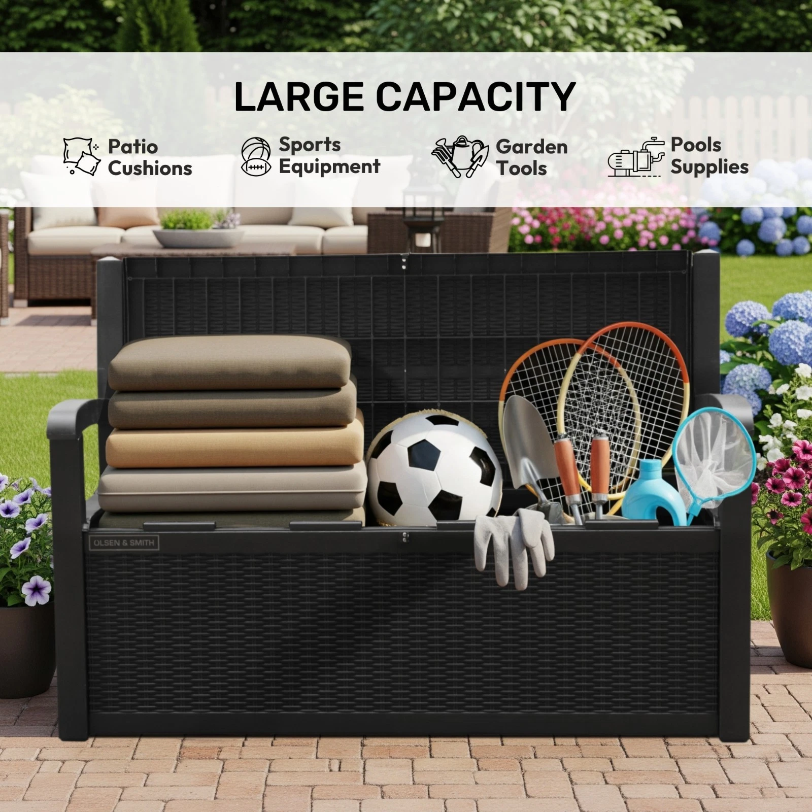 Garden Storage Bench with Padlock 265L - Outdoor Patio Storage Chest Container - Image 3