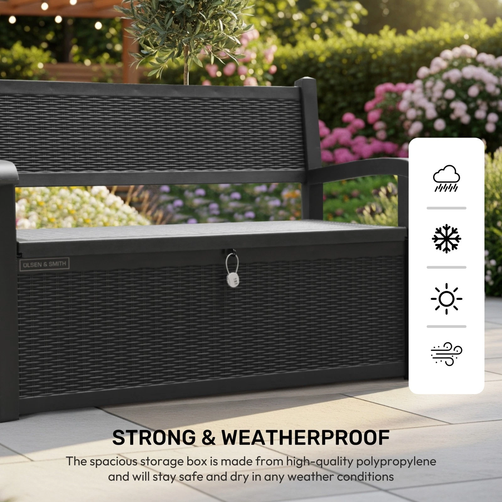 Garden Storage Bench with Padlock 265L - Outdoor Patio Storage Chest Container - Image 4