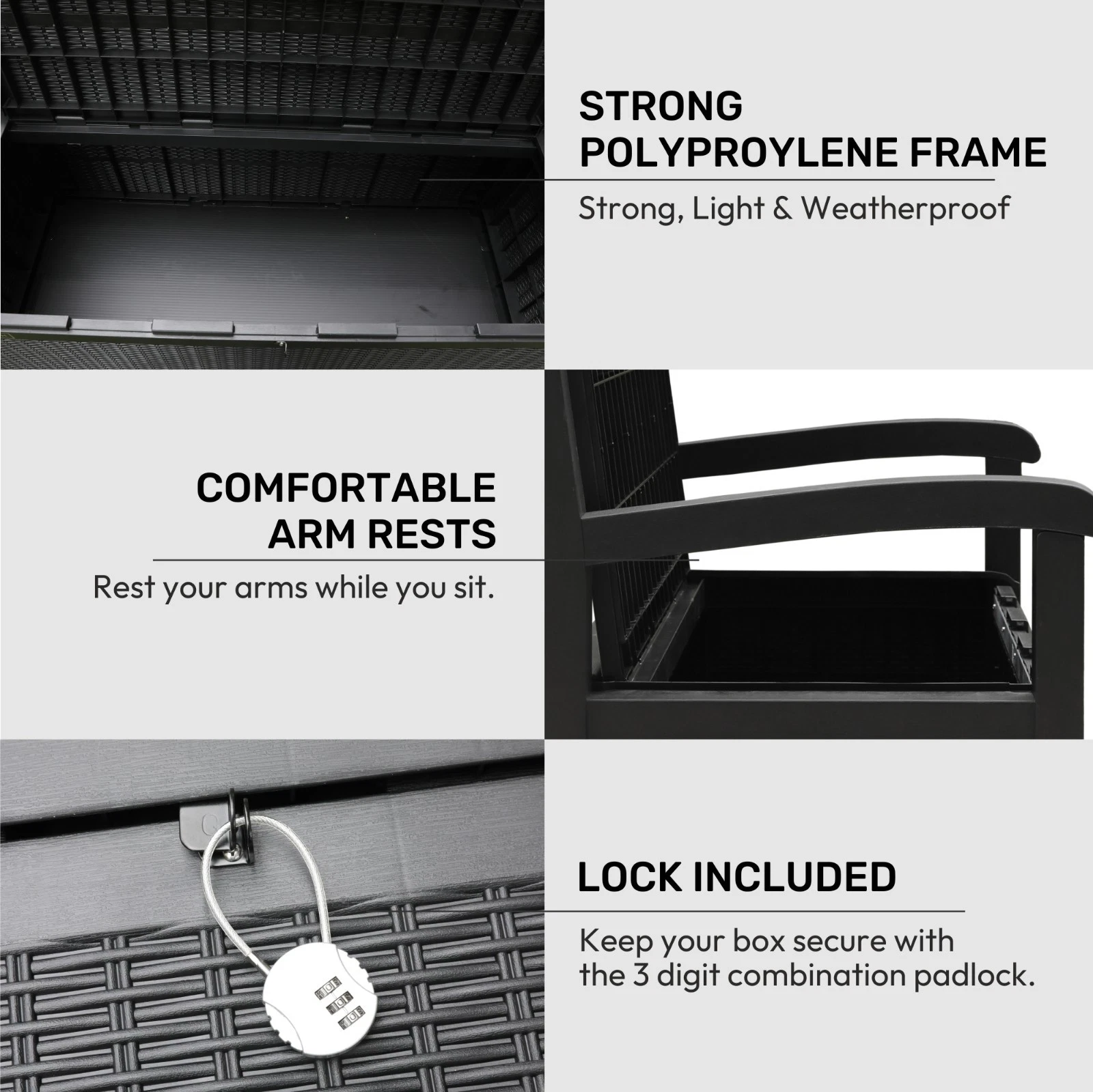 Garden Storage Bench with Padlock 265L - Outdoor Patio Storage Chest Container - Image 6