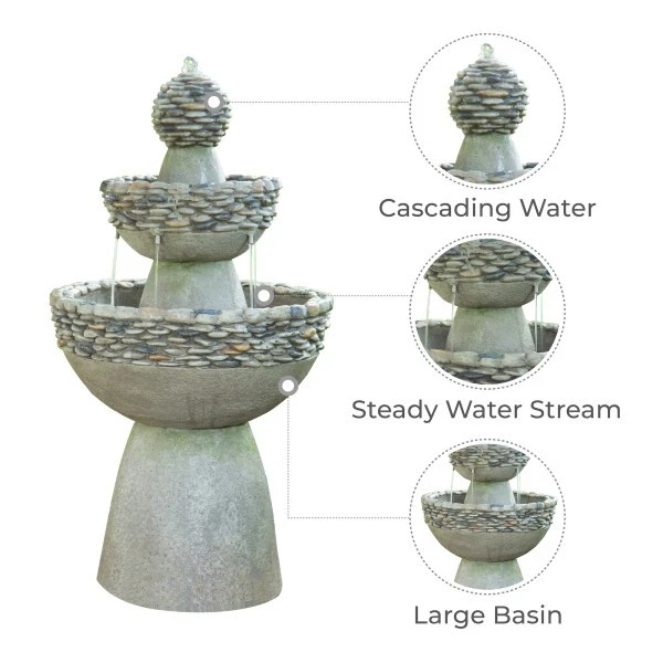 Garden Water Feature Outdoor Fountain 3-Tier Waterfall Pedestal Grey Teamson - Image 4