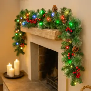 Pre-Lit LED Christmas Garland 9ft Luxury Xmas Decor With Lights Stairs Fireplace