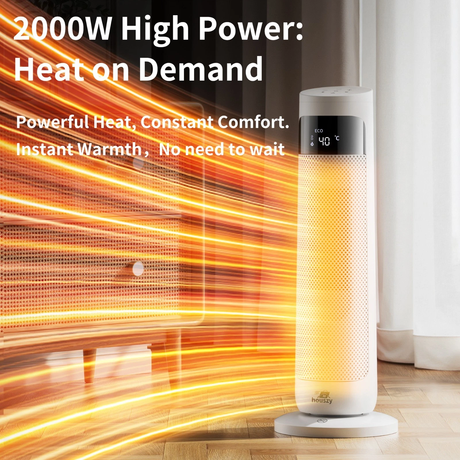 PTC Tower Heater 2000W, Oscillating Fan Heater with Thermostat & Remote (Houszy) - Image 3