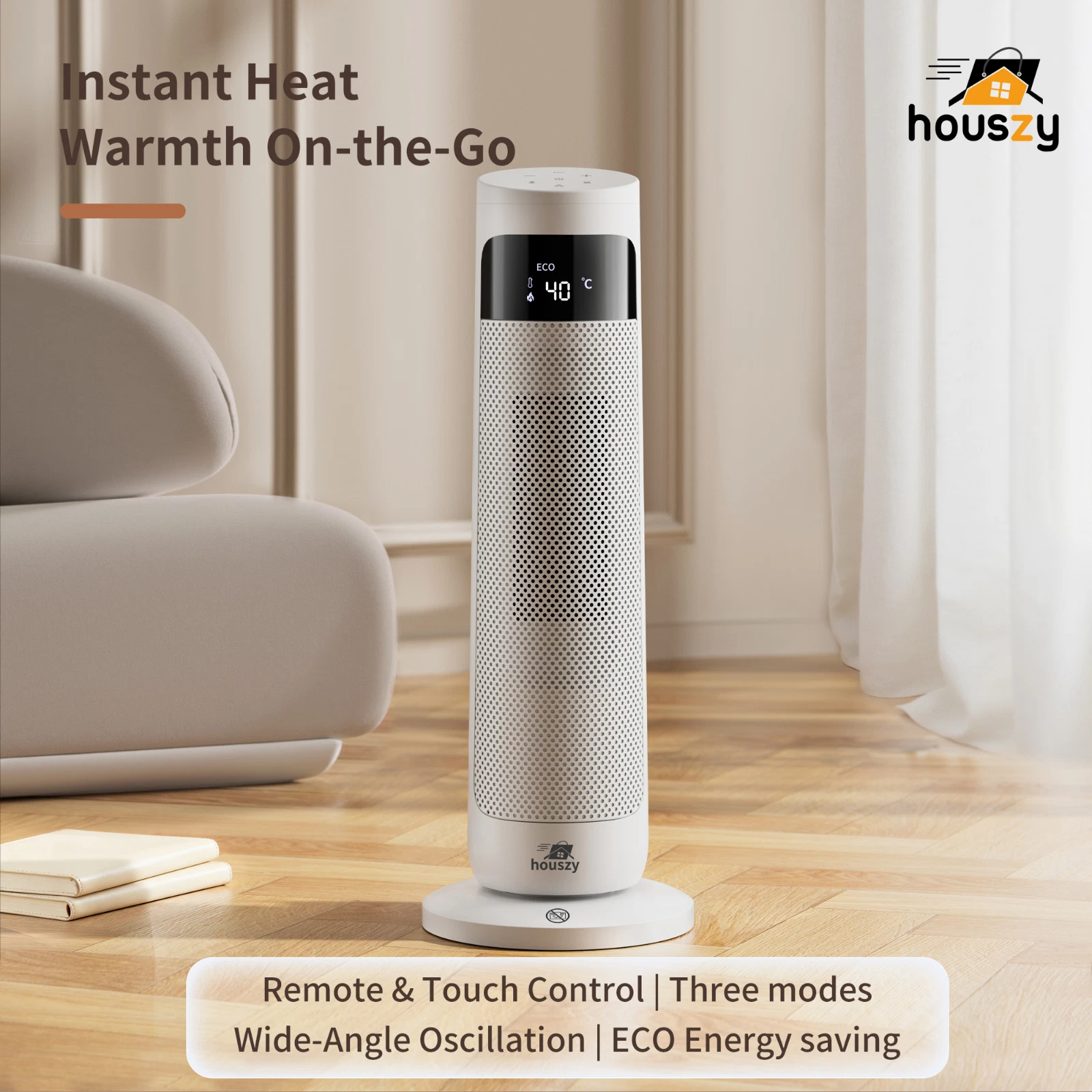PTC Tower Heater 2000W, Oscillating Fan Heater with Thermostat & Remote (Houszy) - Image 6