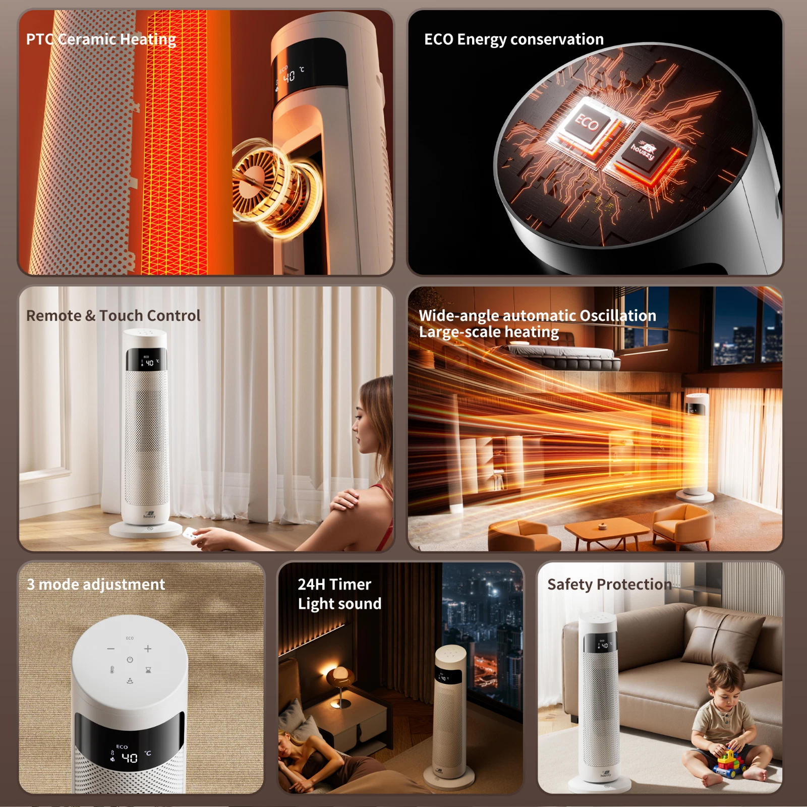 PTC Tower Heater 2000W, Oscillating Fan Heater with Thermostat & Remote (Houszy) - Image 7